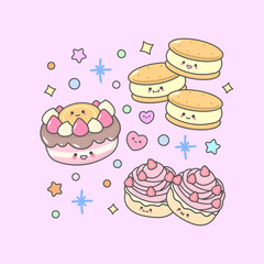 dessert cake pastry cupcake birthday cake biscuit with cute facial expressions and pastel colour