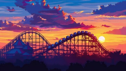 colorful silhouette of a roller coaster at sunset, after a sunny day at entertainment park