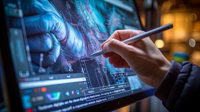 Close-up of a graphic designer's hand sketching on a digital drawing tablet with a stylus pen, in front of a computer monitor.