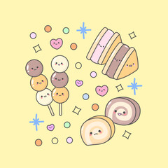 dessert cake pastry dango roll cake sandwich with cute facial expressions and pastel colour