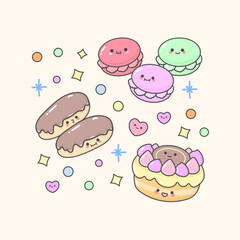 dessert cake pastry macaroon eclair birthday cake with cute facial expressions and pastel colour