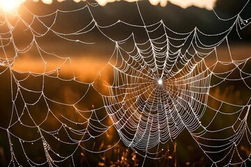 Spider web with dew drops at sunrise