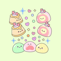 dessert cake pastry pudding roll cake mochi with cute facial expressions and pastel colour