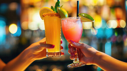Close up of female hands holding glasses with cocktails on bar counter background - Powered by Adobe