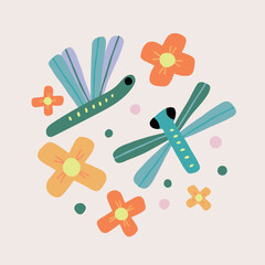 Vector illustration with dragonflies and flowers in a modern style. Perfect for decor and children's textiles