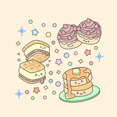dessert cake pastry pancake biscuit cupcake with cute facial expressions and pastel colour