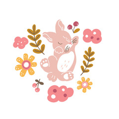 Vector illustration with a cute bunny and flowers in a modern style. Perfect for decor and children's textiles