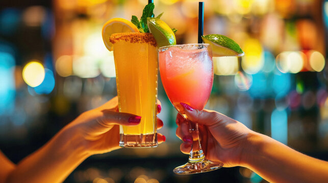 Close up of female hands holding glasses with cocktails on bar counter background