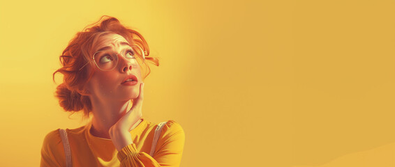 Young woman with glasses on a plain yellow background thinking and worrying about something, looking to the right