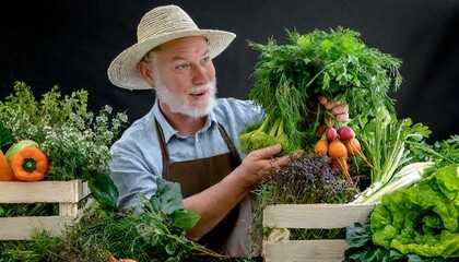 Ogrodnik trzymający w dłoniach świeżo zebrane uprawiane we własnym ogrodzie warzywa - obrazy, fototapety, plakaty