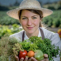 Młoda kobieta trzymająca w dłoniach zebrane przez siebie warzywa. W tle widać ogród warzywny - obrazy, fototapety, plakaty