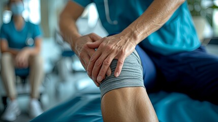 A focused physical therapist is hands-on evaluating a patient's knee joint for mobility and pain in a clinical setting, highlighting rehabilitation services. - obrazy, fototapety, plakaty