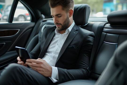 a man in a suit in a luxury car with a smartphone in his hands