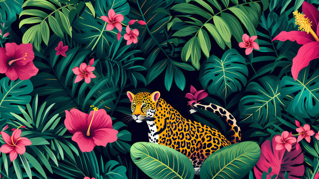 Tropical exotic pattern with leopard animal and flowers in bright colors and lush vegetation © Bogdan