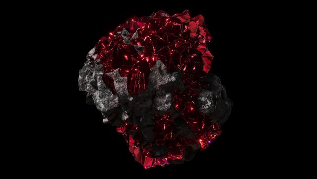 Realistic abstract looping 3D animation of the spinning piece of ore or rock with shining precious ruby or red gemstone or crystal inclusions rendered in UHD with alpha matte