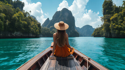photo from the back, Woman in hat traveling on the boat in Asia
