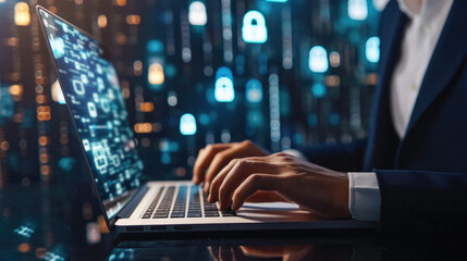 Close up of businessman hands typing on laptop keyboard in dark office with double exposure of padlock and binary code. Concept of cyber security - obrazy, fototapety, plakaty