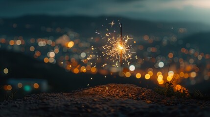 A single sparkler burning brightly, with sparks flying off and a bokeh of lights in the background during a dusky evening.
