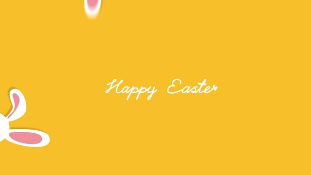 Digital animation of the text phrase Happy Easter on a yellow sunny background surrounded by emerging cute bunny ears