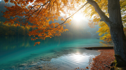 Sunrise through autumn leaves by a turquoise mountain lake