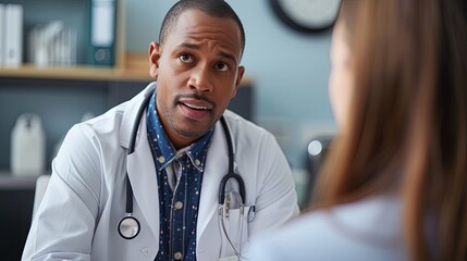 Obraz premium Portrait of a cheerful male doctor with a stethoscope in a well-lit, modern medical office setting.