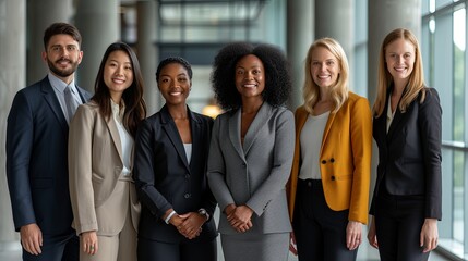 A diverse group of confident business professionals stands together, representing teamwork and leadership in a corporate setting.