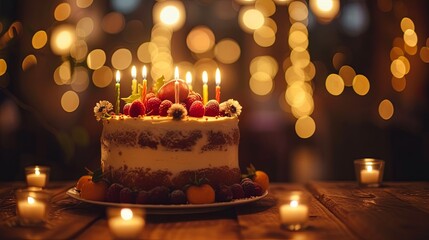 Fototapeta premium A festive sponge cake adorned with fresh berries, a lit candle, and dusting of powdered sugar, set against a backdrop of warm, glowing lights.