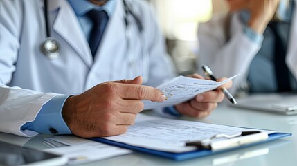 A stock photo of a medical team consulting over a patient's chart, close-up on their hands pointing at key details and collaborative decision-making.