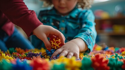 A smiling young child and adult play with bright building blocks in a vibrant playroom setting.