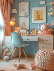 Children's desk, children's room, candy color. Generative AI.