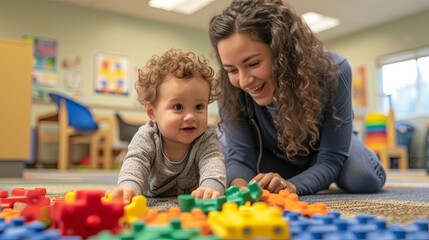 A smiling young child and adult play with bright building blocks in a vibrant playroom setting.