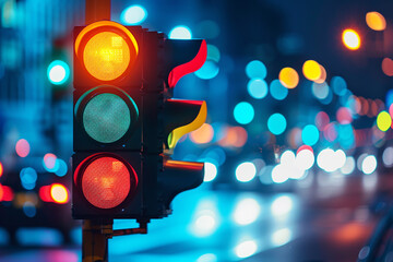 A city crossing with a semaphore. Red and yellow light in semaphore on bokeh street background