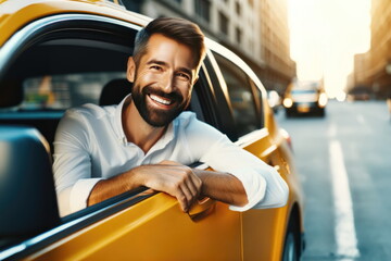 cheerful cab driver leaning out of the window of his bright yellow cab. He has a well-groomed beard...