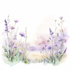 A tranquil watercolor painting depicting a serene countryside scene, dotted with wildflowers and soft, pastel tones blending into the horizon.
