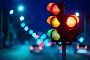 A city crossing with a semaphore. Red and green light in semaphore on bokeh street background
