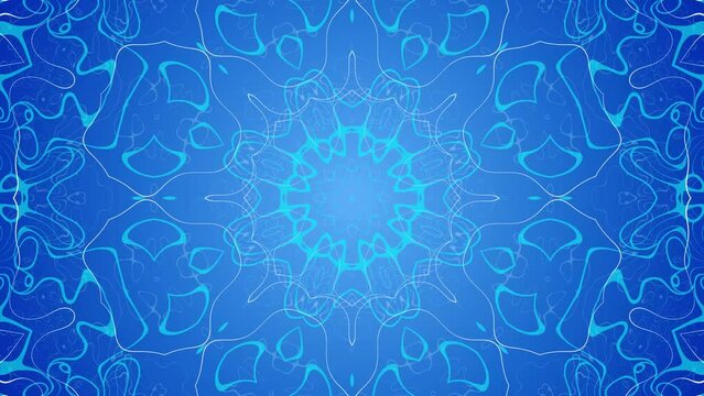 abstract kaleido animation, symmetrical neon blue pattern on a dark background, islamic mandala, seamless loop, 4k