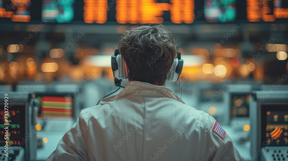 Aufkleber engineer with headset in a launch control room, staring at screens a launch that about to happen, st