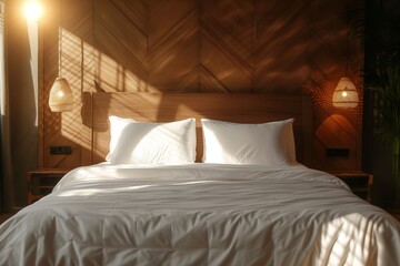 Close-up on minimalistic hotel bed with massive wooden headboard : clean white folded blanket, bedsheets neatly placed on a bed linen in a room full of sunny reflections from plants
