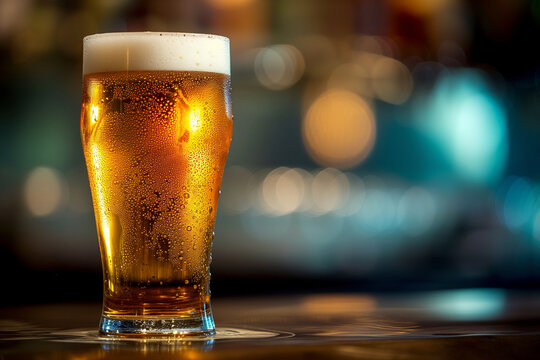 beer in a glass in a bar on a blurred background