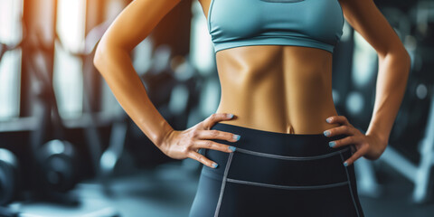 Fit woman's waist with visible well defined abdominal muscles. Confident young woman wearing a sport tank top standing alone in a gym after a workout session. - obrazy, fototapety, plakaty
