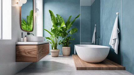 Corner of modern bathroom with blue walls, concrete floor, white bathtub standing near window and green plant .