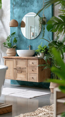 Interior of modern bathroom with wooden commode, mirror and plants