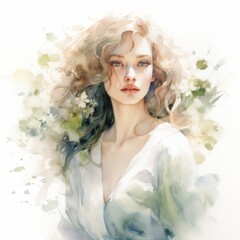 A watercolor illustration of a woman with flowing hair, her beauty accentuated by the delicate spring blossoms that adorn her.
