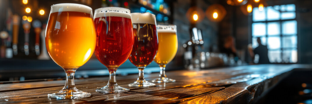 Assortment of different craft beers in various glasses on bar counter in traditional Irish pub. Drinking alcoholic beverage.