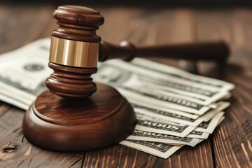 A concept image featuring a judge's gavel and a model house over a spread of cash, representing the legal proceedings in real estate transactions, auctions, and inheritance disputes.