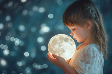 Naklejka premium Cute little girl holding a moon in her hands.