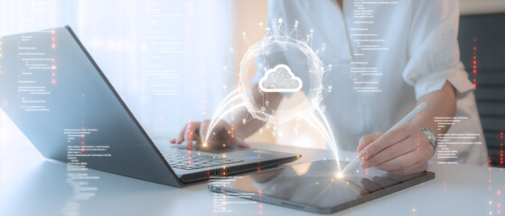 Woman uploading and transferring data from computer and tablet to cloud computing. Digital technology concept, data sheet management with large database capacity and high security. - obrazy, fototapety, plakaty