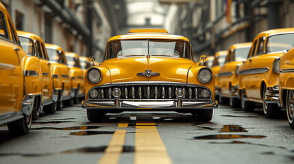 A classic yellow taxi in focus with a row of blurred yellow taxis in the background on a city street.