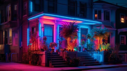 Fototapeta premium Cartoon vector illustration of house with artificial intelligence technology, modern design and Internet of Things services on glowing neon background.