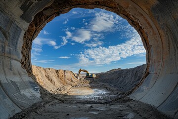 A powerful caterpillar excavator digs the ground against the blue sky. Earthworks with heavy equipment at the construction site. View from a large concrete pipe